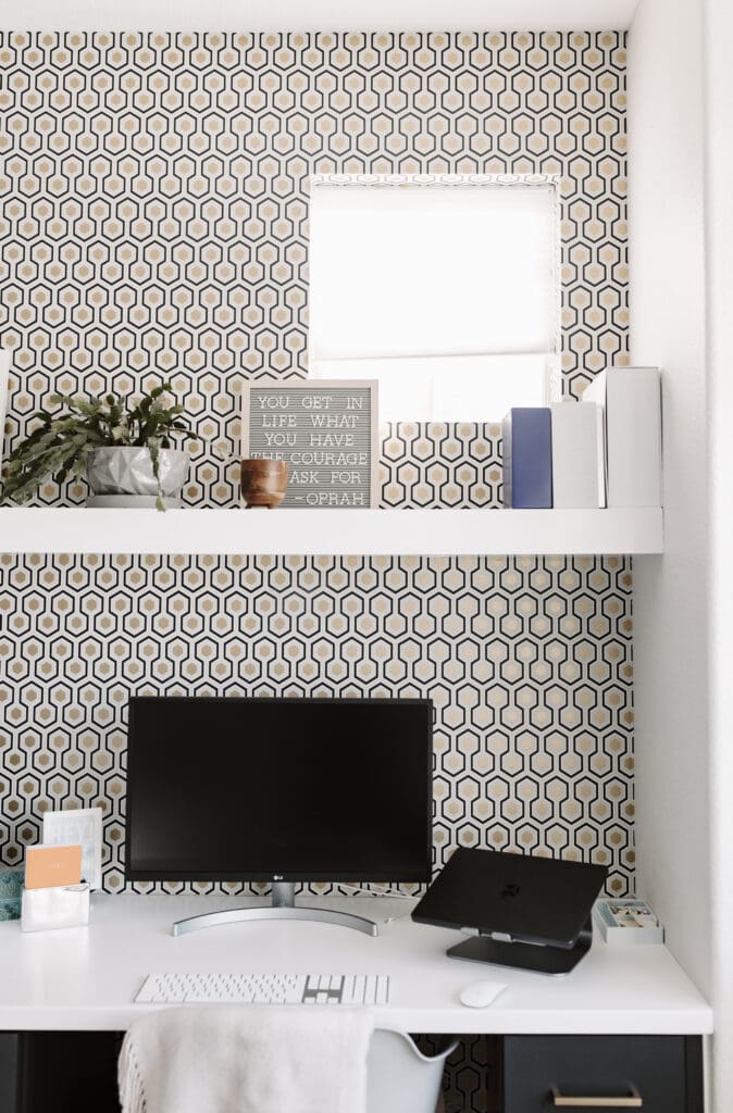 Office wall with Cole & Son Hicks' Hexagon metallic wallpaper